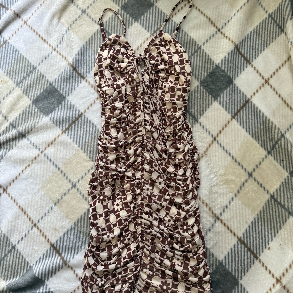 Cotton Candy Brown and White Ruched Bodycon Dress
